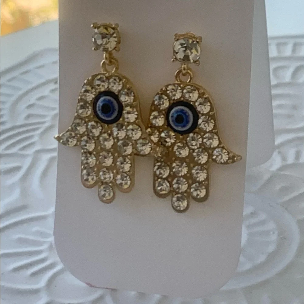Evil eye protection hamsa hand of fatima gold tone rhinestone earrings - Picture 3 of 4